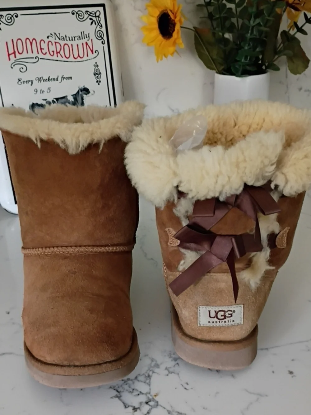 UGG Chestnut Suede Short Boots with Shearling and Ribbon